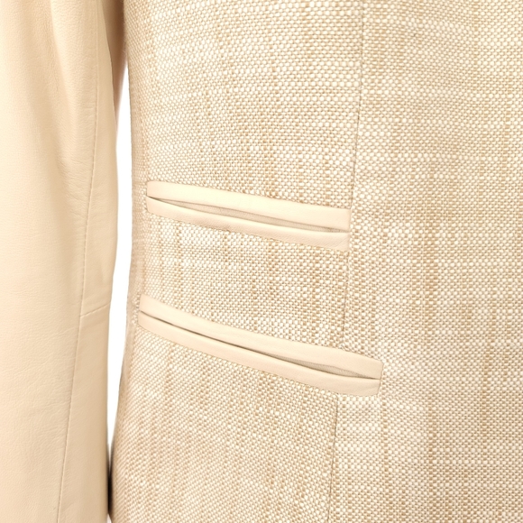 DANIER ITALIAN LEATHER/Tweed Jacket Stand Collar Faux Welt Pockets Cream Sz XS - Picture 7 of 11